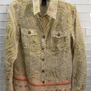 Multiples Women’s Sheer Leaf Print Button Front Jacket Blouse Size Small Boho